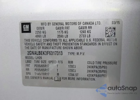 2015 Chevrolet Equinox 1Lt z USA, uszkodzony, nr VIN 2GNALBEK3F6317313